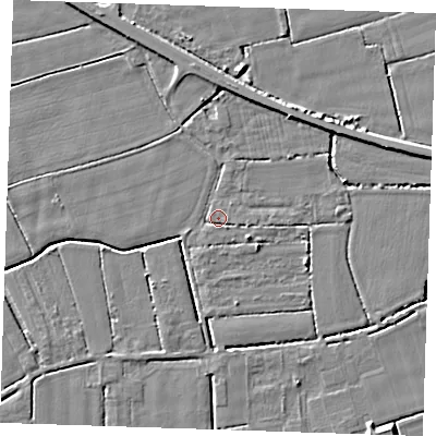 Shaded relief map of the ground around PE147LZ, computed from Environment Agency LiDAR. The ground here sits at about 3 m above sea level and falls 4 m across the surrounding 800 m. Surface water reaching this point runs off ground lying to the east-south-east, 2.2 m higher.