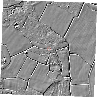 Shaded relief map of the ground around PE147PN, computed from Environment Agency LiDAR. The ground here sits at about 2 m above sea level and falls 4 m across the surrounding 800 m. Surface water reaching this point runs off ground lying to the east-south-east, 1.1 m higher.