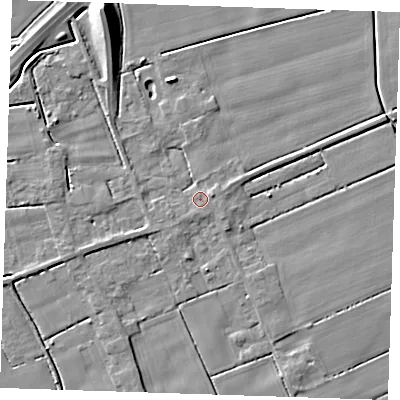 Shaded relief map of the ground around PE147QA, computed from Environment Agency LiDAR. The ground here sits at about 2 m above sea level and falls 11 m across the surrounding 800 m. Surface water reaching this point runs off ground lying to the east-north-east, 1.5 m higher.