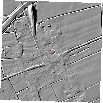 Shaded relief map of the ground around PE147QB, computed from Environment Agency LiDAR. The ground here sits at about 2 m above sea level and falls 11 m across the surrounding 800 m. Surface water reaching this point runs off ground lying to the east-south-east, 2.5 m higher.