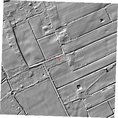 Shaded relief map of the ground around PE147QE, computed from Environment Agency LiDAR. The ground here sits at about 2 m above sea level and falls 5 m across the surrounding 800 m. Surface water reaching this point runs off ground lying to the north, 2.1 m higher.