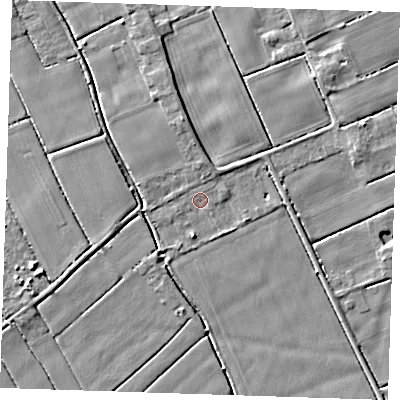 Shaded relief map of the ground around PE147QF, computed from Environment Agency LiDAR. The ground here sits at about 2 m above sea level and falls 4 m across the surrounding 800 m. Surface water reaching this point runs off ground lying to the east-north-east, 0.5 m higher.