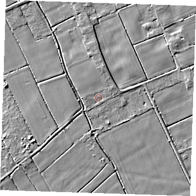 Shaded relief map of the ground around PE147QG, computed from Environment Agency LiDAR. The ground here sits at about 2 m above sea level and falls 4 m across the surrounding 800 m. Surface water reaching this point runs off ground lying to the north, 1.9 m higher.