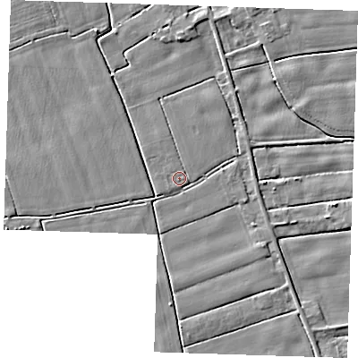 Shaded relief map of the ground around PE147QN, computed from Environment Agency LiDAR. The ground here sits at about 2 m above sea level and falls 3 m across the surrounding 800 m. Surface water reaching this point runs off ground lying to the north, 2.1 m higher.