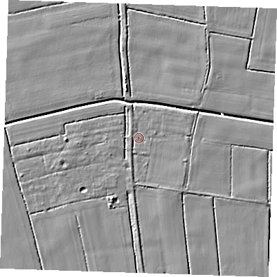 Shaded relief map of the ground around PE147QR, computed from Environment Agency LiDAR. The ground here sits at about 2 m above sea level and falls 5 m across the surrounding 800 m. Surface water reaching this point runs off ground lying to the south-south-east, 1.8 m higher.