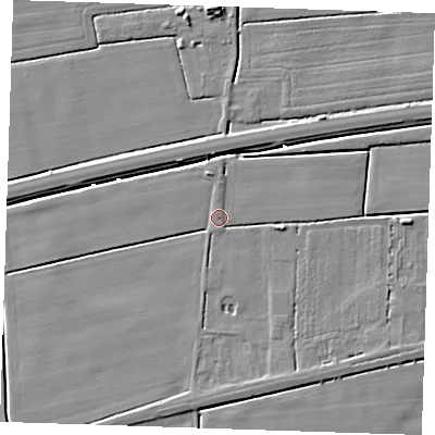 Shaded relief map of the ground around PE147QT, computed from Environment Agency LiDAR. The ground here sits at about 2 m above sea level and falls 6 m across the surrounding 800 m. Surface water reaching this point runs off ground lying to the north, 1.0 m higher.
