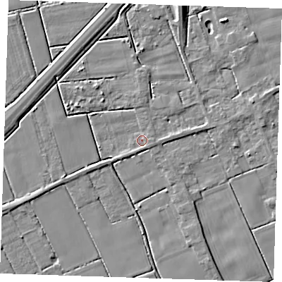 Shaded relief map of the ground around PE147QU, computed from Environment Agency LiDAR. The ground here sits at about 2 m above sea level and falls 6 m across the surrounding 800 m. Surface water reaching this point runs off ground lying to the east-south-east, 1.1 m higher.