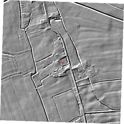 Shaded relief map of the ground around PE147QW, computed from Environment Agency LiDAR. The ground here sits at about 2 m above sea level and falls 4 m across the surrounding 800 m. Surface water reaching this point runs off ground lying to the south, 2.6 m higher.