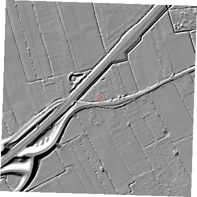 Shaded relief map of the ground around PE147QX, computed from Environment Agency LiDAR. The ground here sits at about 2 m above sea level and falls 11 m across the surrounding 800 m. Surface water reaching this point runs off ground lying to the west-south-west, 2.4 m higher.