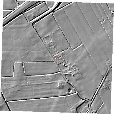 Shaded relief map of the ground around PE147RA, computed from Environment Agency LiDAR. The ground here sits at about 2 m above sea level and falls 8 m across the surrounding 800 m. Surface water reaching this point runs off ground lying to the south-east, 2.8 m higher.