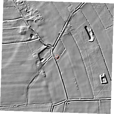 Shaded relief map of the ground around PE147RB, computed from Environment Agency LiDAR. The ground here sits at about 2 m above sea level and falls 6 m across the surrounding 800 m. Surface water reaching this point runs off ground lying to the north-north-east, 1.9 m higher.