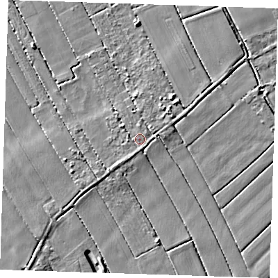 Shaded relief map of the ground around PE147RE, computed from Environment Agency LiDAR. The ground here sits at about 3 m above sea level and falls 5 m across the surrounding 800 m. Surface water reaching this point runs off ground lying to the west, 1.2 m higher.