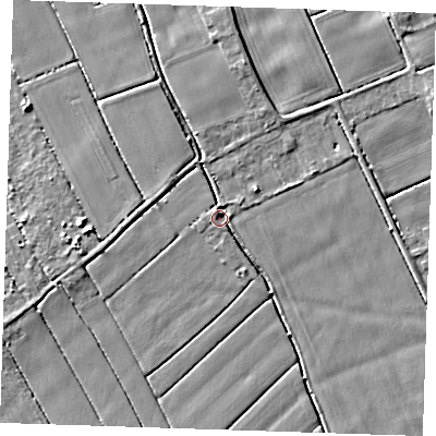 Shaded relief map of the ground around PE147RF, computed from Environment Agency LiDAR. The ground here sits at about 2 m above sea level and falls 5 m across the surrounding 800 m. Surface water reaching this point runs off ground lying to the north-north-east, 2.3 m higher.