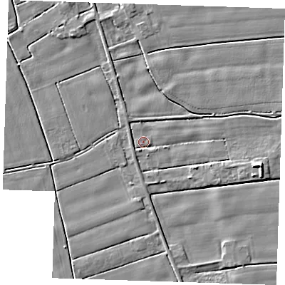 Shaded relief map of the ground around PE147RG, computed from Environment Agency LiDAR. The ground here sits at about 2 m above sea level and falls 7 m across the surrounding 800 m. Surface water reaching this point runs off ground lying to the east-south-east, 6.0 m higher.