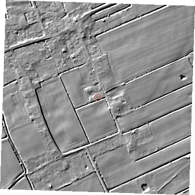 Shaded relief map of the ground around PE147RH, computed from Environment Agency LiDAR. The ground here sits at about 2 m above sea level and falls 4 m across the surrounding 800 m. Surface water reaching this point runs off ground lying to the west-south-west, 2.7 m higher.