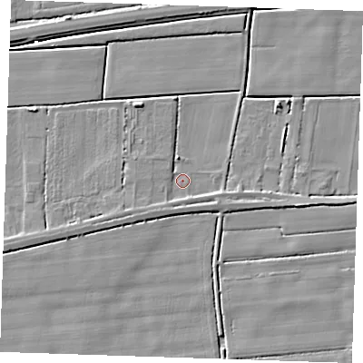 Shaded relief map of the ground around PE147RP, computed from Environment Agency LiDAR. The ground here sits at about 2 m above sea level and falls 4 m across the surrounding 800 m. Surface water reaching this point runs off ground lying to the west-south-west, 2.1 m higher.