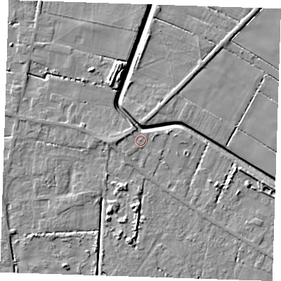 Shaded relief map of the ground around PE147RQ, computed from Environment Agency LiDAR. The ground here sits at about 3 m above sea level and falls 7 m across the surrounding 800 m. Surface water reaching this point runs off ground lying to the west, 1.9 m higher.