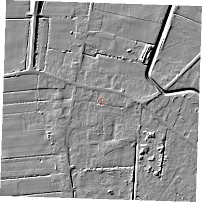 Shaded relief map of the ground around PE147RS, computed from Environment Agency LiDAR. The ground here sits at about 2 m above sea level and falls 7 m across the surrounding 800 m. Surface water reaching this point runs off ground lying to the north, 1.2 m higher.