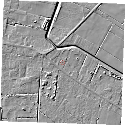 Shaded relief map of the ground around PE147RT, computed from Environment Agency LiDAR. The ground here sits at about 2 m above sea level and falls 7 m across the surrounding 800 m. Surface water reaching this point runs off ground lying to the west-north-west, 3.3 m higher.