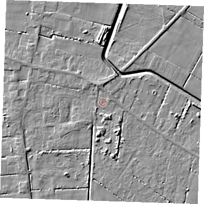 Shaded relief map of the ground around PE147RU, computed from Environment Agency LiDAR. The ground here sits at about 2 m above sea level and falls 7 m across the surrounding 800 m. Surface water reaching this point runs off ground lying to the north, 2.1 m higher.