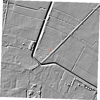 Shaded relief map of the ground around PE147RX, computed from Environment Agency LiDAR. The ground here sits at about 2 m above sea level and falls 7 m across the surrounding 800 m. Surface water reaching this point runs off ground lying to the south-south-east, 1.2 m higher.