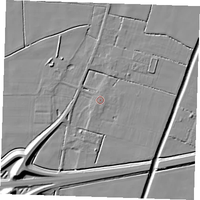 Shaded relief map of the ground around PE147RY, computed from Environment Agency LiDAR. The ground here sits at about 3 m above sea level and falls 12 m across the surrounding 800 m. The ground contributing surface water to this point lies to the south-east.
