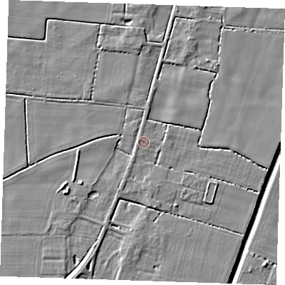 Shaded relief map of the ground around PE147RZ, computed from Environment Agency LiDAR. The ground here sits at about 2 m above sea level and falls 6 m across the surrounding 800 m. Surface water reaching this point runs off ground lying to the east-south-east, 2.7 m higher.