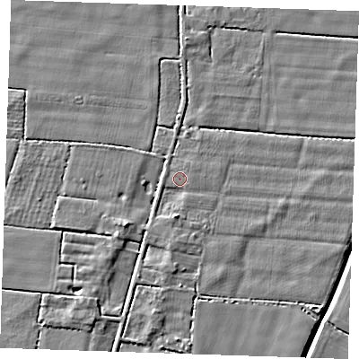Shaded relief map of the ground around PE147SA, computed from Environment Agency LiDAR. The ground here sits at about 2 m above sea level and falls 5 m across the surrounding 800 m. Surface water reaching this point runs off ground lying to the south, 2.2 m higher.
