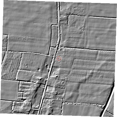 Shaded relief map of the ground around PE147SB, computed from Environment Agency LiDAR. The ground here sits at about 2 m above sea level and falls 5 m across the surrounding 800 m. Surface water reaching this point runs off ground lying to the east-south-east, 0.6 m higher.