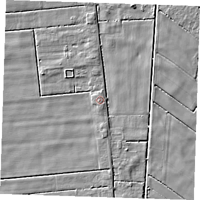 Shaded relief map of the ground around PE147SG, computed from Environment Agency LiDAR. The ground here sits at about 2 m above sea level and falls 4 m across the surrounding 800 m. Surface water reaching this point runs off ground lying to the south, 0.9 m higher.