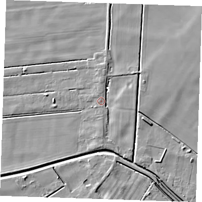 Shaded relief map of the ground around PE147SJ, computed from Environment Agency LiDAR. The ground here sits at about 2 m above sea level and falls 6 m across the surrounding 800 m. Surface water reaching this point runs off ground lying to the south, 3.4 m higher.