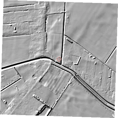 Shaded relief map of the ground around PE147SL, computed from Environment Agency LiDAR. The ground here sits at about 2 m above sea level and falls 7 m across the surrounding 800 m. Surface water reaching this point runs off ground lying to the west-north-west, 4.4 m higher.