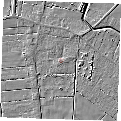 Shaded relief map of the ground around PE147SP, computed from Environment Agency LiDAR. The ground here sits at about 2 m above sea level and falls 7 m across the surrounding 800 m. Surface water reaching this point runs off ground lying to the east-north-east, 1.4 m higher.