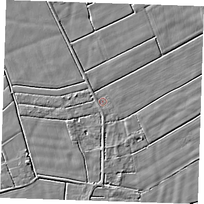 Shaded relief map of the ground around PE147SR, computed from Environment Agency LiDAR. The ground here sits at about 1 m above sea level and falls 3 m across the surrounding 800 m. Surface water reaching this point runs off ground lying to the south, 0.7 m higher.