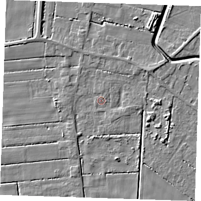 Shaded relief map of the ground around PE147ST, computed from Environment Agency LiDAR. The ground here sits at about 2 m above sea level and falls 7 m across the surrounding 800 m. Surface water reaching this point runs off ground lying to the south-west, 1.6 m higher.
