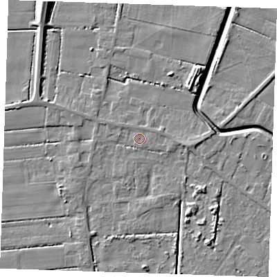 Shaded relief map of the ground around PE147TA, computed from Environment Agency LiDAR. The ground here sits at about 2 m above sea level and falls 8 m across the surrounding 800 m. Surface water reaching this point runs off ground lying to the east-north-east, 0.6 m higher.
