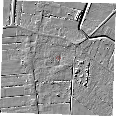 Shaded relief map of the ground around PE147TB, computed from Environment Agency LiDAR. The ground here sits at about 2 m above sea level and falls 7 m across the surrounding 800 m. Surface water reaching this point runs off ground lying to the north-east, 2.7 m higher.