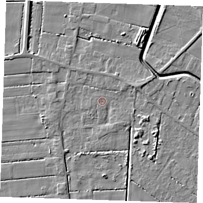 Shaded relief map of the ground around PE147TD, computed from Environment Agency LiDAR. The ground here sits at about 2 m above sea level and falls 7 m across the surrounding 800 m. Surface water reaching this point runs off ground lying to the north-west, 1.1 m higher.