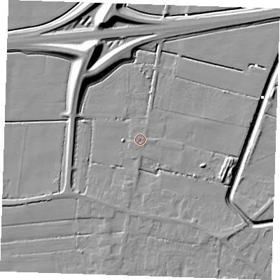 Shaded relief map of the ground around PE147XA, computed from Environment Agency LiDAR. The ground here sits at about 2 m above sea level and falls 12 m across the surrounding 800 m. Surface water reaching this point runs off ground lying to the east, 0.7 m higher.