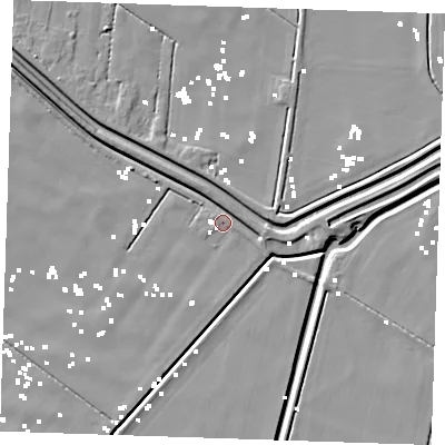 Shaded relief map of the ground around PE148AT, computed from Environment Agency LiDAR. The ground here sits at about 0 m above sea level and falls 5 m across the surrounding 800 m. Surface water reaching this point runs off ground lying to the north-west, 2.7 m higher.