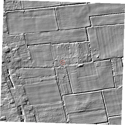 Shaded relief map of the ground around PE148BA, computed from Environment Agency LiDAR. The ground here sits at about 2 m above sea level and falls 4 m across the surrounding 800 m. Surface water reaching this point runs off ground lying to the west, 2.2 m higher.