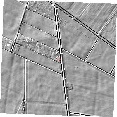 Shaded relief map of the ground around PE148BF, computed from Environment Agency LiDAR. The ground here sits at about -0 m above sea level and falls 4 m across the surrounding 800 m. Surface water reaching this point runs off ground lying to the north, 1.1 m higher.