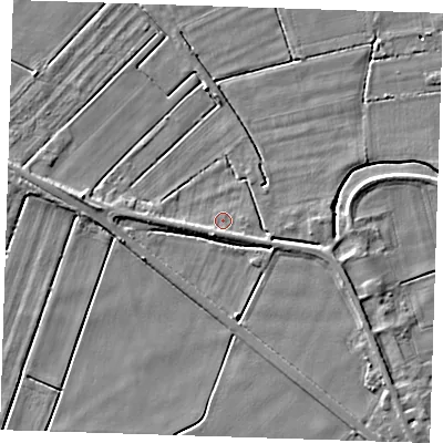 Shaded relief map of the ground around PE148BG, computed from Environment Agency LiDAR. The ground here sits at about 2 m above sea level and falls 4 m across the surrounding 800 m. Surface water reaching this point runs off ground lying to the south-south-east, 1.3 m higher.