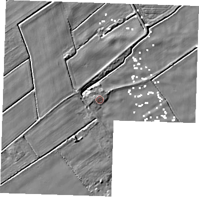 Shaded relief map of the ground around PE148BN, computed from Environment Agency LiDAR. The ground here sits at about 2 m above sea level and falls 6 m across the surrounding 800 m. Surface water reaching this point runs off ground lying to the west, 1.6 m higher.