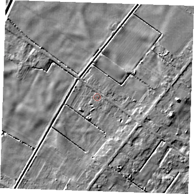 Shaded relief map of the ground around PE148DP, computed from Environment Agency LiDAR. The ground here sits at about 1 m above sea level and falls 5 m across the surrounding 800 m. Surface water reaching this point runs off ground lying to the east-north-east, 3.4 m higher.