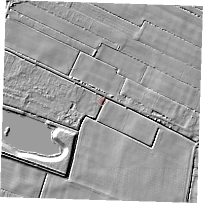 Shaded relief map of the ground around PE148DQ, computed from Environment Agency LiDAR. The ground here sits at about 1 m above sea level and falls 6 m across the surrounding 800 m. Surface water reaching this point runs off ground lying to the east-south-east, 3.4 m higher.