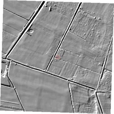 Shaded relief map of the ground around PE148DX, computed from Environment Agency LiDAR. The ground here sits at about 1 m above sea level and falls 5 m across the surrounding 800 m. Surface water reaching this point runs off ground lying to the east-south-east, 2.5 m higher.