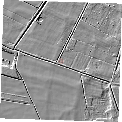 Shaded relief map of the ground around PE148DY, computed from Environment Agency LiDAR. The ground here sits at about 1 m above sea level and falls 5 m across the surrounding 800 m. Surface water reaching this point runs off ground lying to the east-south-east, 2.3 m higher.