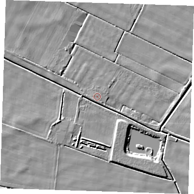Shaded relief map of the ground around PE148DZ, computed from Environment Agency LiDAR. The ground here sits at about 1 m above sea level and falls 6 m across the surrounding 800 m. The ground contributing surface water to this point lies to the east-north-east.