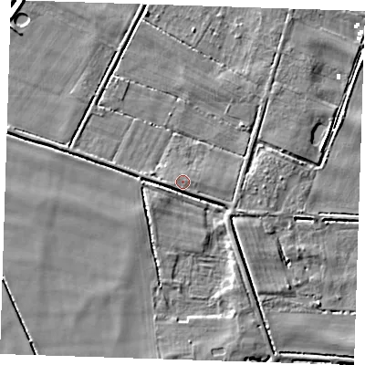 Shaded relief map of the ground around PE148EA, computed from Environment Agency LiDAR. The ground here sits at about 2 m above sea level and falls 5 m across the surrounding 800 m. Surface water reaching this point runs off ground lying to the west-south-west, 3.2 m higher.